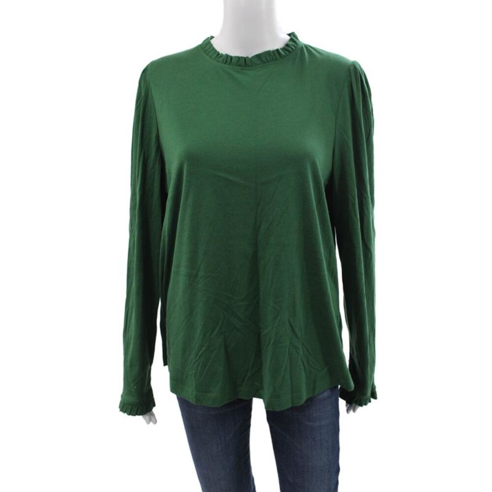 Boden Women Jersey Blouse Green Mock Neck Cotton Blend Long Sleeve Size 16